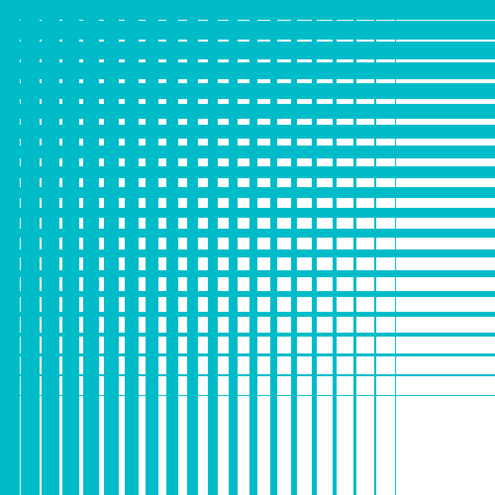 Rows and columns of rectangles in different sizes to create a gradient look from top left corner to bottom right corner. The background is teal while the rectangles are white. The left top corner is dimmest while the bottom right corner is the brightest.
